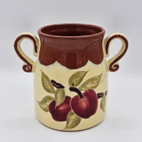 Rustic Apple Design Stoneware Crock - Vintage Ceramic Utensil Jar with Handles - Picture 1 of 10